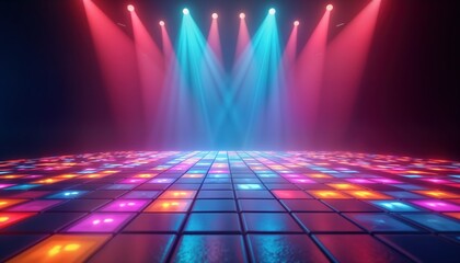 Aufkleber - Colorful disco dance floor glows under bright stage lights. Modern club space vibrant colorful lights illuminating shiny floor. Futuristic design. Energetic party atmosphere. Night club electronic