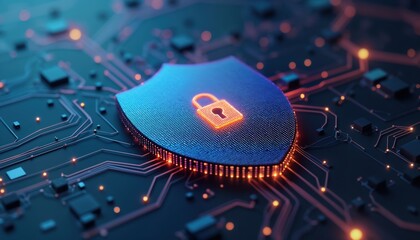 Fototapete - Advanced tech illustration shows secure global network with shield icon representing cyber security. Data safety, digital defense highlighted on circuit board. Illustration features futuristic design