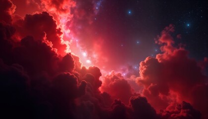 Wall Mural - red nebula clouds glow in deep space. stars twinkle in dark. cosmic clouds shimmer with vibrant colo