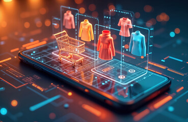 Poster - Futuristic mobile shopping app displays virtual clothing items. Digital shopping cart floats on screen. Tech-savvy display online transaction on modern smartphone. Virtual fashion items displayed.