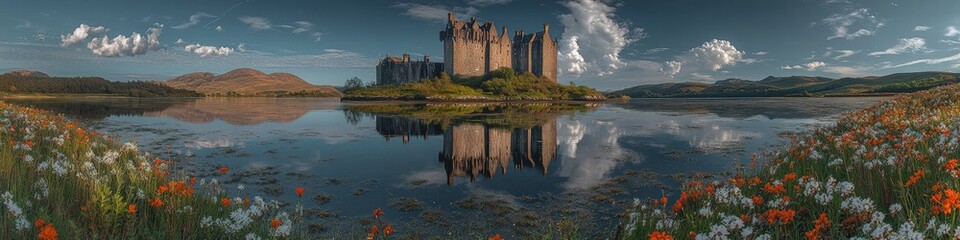 Canvas Print - Majestic Castle Reflections in Scenic Landscape with Wildflowers, Serene Waterfront, and Majestic Mountains under Blue Sky with Clouds at Sunset