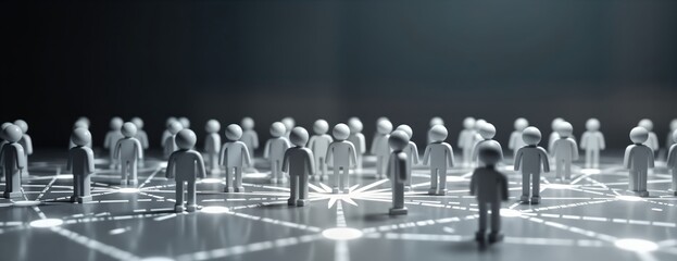 Poster - Illustration shows network of small people connected by lines. People part of large community. Abstract image shows connections. Human figures in gray symbolize social business network. Image concept