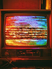 Poster - Retro television displaying static noise with vibrant glitch patterns in a dimly lit setting. Generative AI