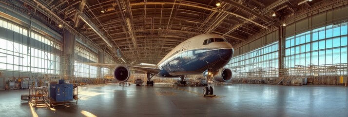 Poster - Large aircraft inside a well lit hangar during the early afternoon with a focus on engineering and maintenance activities. Generative AI