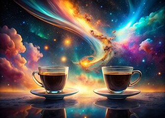 Wall Mural - Surreal Coffee: Two Floating Cups in Dreamlike Landscape