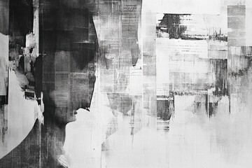 Poster - Vintage newspaper clippings overlap to create an abstract silhouette in a monochrome aesthetic from a bygone era. Generative AI
