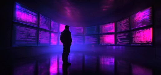 Man silhouetted, viewing data streams on screens, futuristic room, tech concept