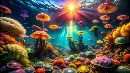 Wall Mural - Surreal Underwater Scene: Ethereal Seaweed Wafers Floating in Bioluminescent Ocean
