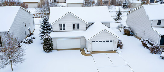 Wall Mural - In winter a home s square white garage door stands out against the snowy roof and yard providing a serene copy space image