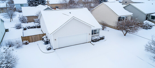 Wall Mural - In winter a home s square white garage door stands out against the snowy roof and yard providing a serene copy space image