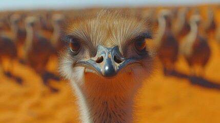 Wall Mural - close-up portrait of an ostrich with a flock of ostriches in the background