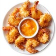 © Soulc - A plate of crispy coconut shrimp with mango habanero dipping sauce, isolated white background, hyperrealism art style