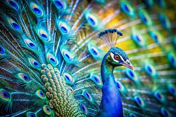 Naklejka na meble Vibrant Blue Peacock's Tail Feathers, Long Exposure, Colorful Bird, Nature Photography
