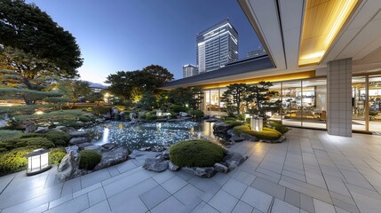 Sticker - Serene urban garden with pond at twilight, showcasing modern architecture and lush greenery