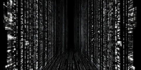 Abstract Digital Data Stream Flows Through Cyberspace Rapidly and Dynamically in the Dark Void.