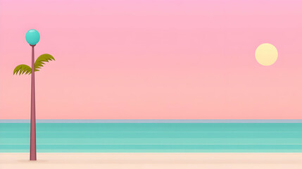 Poster - Tropical Beach Illustration with Palm Tree, Lamp Post, and Pastel Pink Sky and Ocean Background