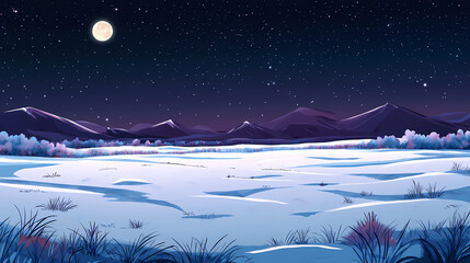 Sticker - A blanket of snow covers the ground in a vast open field under the light of the full moon and starry night sky, stars, snowfield, snow-covered meadow. Starry Meadow. Illustration