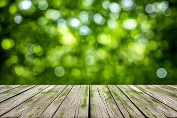 Wall Mural - Empty wooden table presents a blurred green bokeh background gracefully and beautifully.