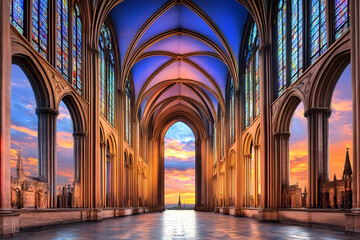 Gothic Cathedral Interior Showcases Stained Glass and Arches at Sunset Beautifully