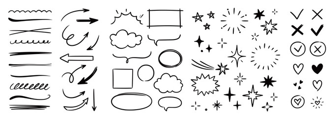 Aufkleber - Line arrow hand drawn shape brush underline stroke element vector set. Hand drawn doodle sketch arrow, circle, star brush stroke scribble underline icon. Marker doodle sketch vector illustration