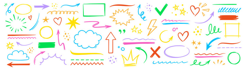 Aufkleber - line hand drawn marker arrow, heart, text highlight brush color shape element set. hand drawn sketch