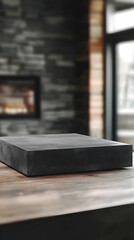 Wall Mural - Black Square Platform Sits on Rustic Wooden Table in Cozy Room Background.