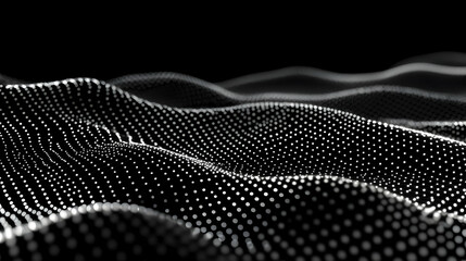 Wall Mural - Abstract 3D wave of white dots flows smoothly on a black background. Digital landscape.