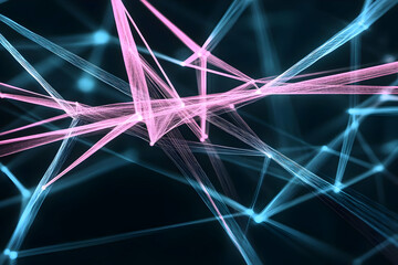 Wall Mural - Abstract 3D Render of Pink and Blue Interconnected Lines and Glowing Dots on a Dark Background