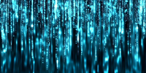 abstract background shows flowing data streams with bright blue lights and numbers