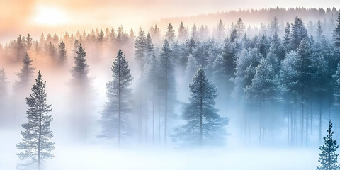 Canvas Print - Misty Sunrise Illuminates a Serene Winter Forest Landscape with Snow-Covered Trees and Fog