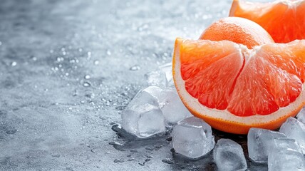 Wall Mural - Fresh grapefruit slices with ice cubes on stone surface