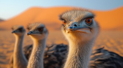 Wall Mural - three ostriches standing in a sandy desert landscape at golden hour making eye contact