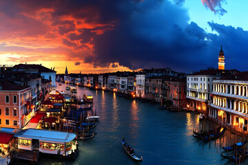 Wall Mural - Grand Canal Reflects Dramatic Sunset with Gondolas Docked Gracefully at Twilight