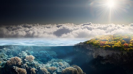 Wall Mural - Vibrant underwater coral reef scene with sunlight filtering through clouds above the ocean