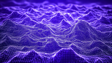 Sticker - 3D Wireframe Landscape Forms a Digital Terrain with Peaks and Valleys in a Purple Hue