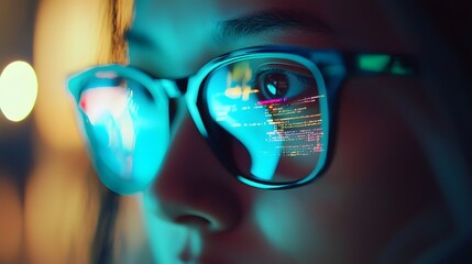 Close up view of a tech professional s eyeglasses reflecting the computer screen as they work on coding and programming in a brightly lit modern office environment