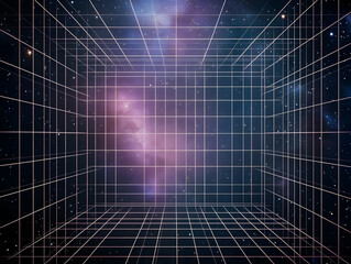 Sticker - Abstract Grid Structure in Space: A Cosmic Perspective with Geometric Lines and Starry Background