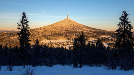 Canvas Print - Snow-Covered Mountain Peak Stands Tall with Communication Tower at Sunset in Winter Landscape