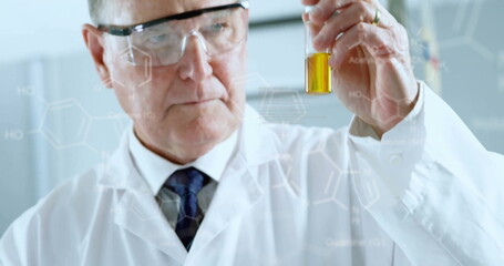 Canvas Print - image of data processing and chemical formula over caucasian male scientist doing experiment