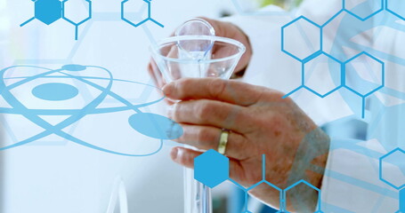 Canvas Print - image of chemical formula over caucasian male scientist doing experiment