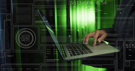 Image of data processing over asian male it technician with laptop over computer servers