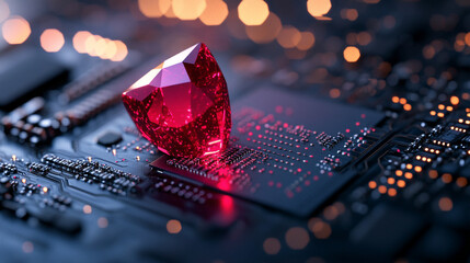 Ruby stone on a microchip representing the fusion of technology and elegance in web development with a minimalistic bright tone modern blurred background and empty caption space on the side

