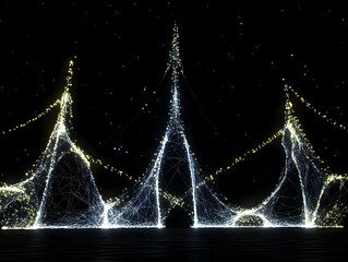 Wall Mural - Abstract 3D Structures Illuminated with Glowing Particles Against a Dark Background with Stars.