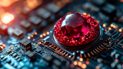 Ruby stone on a microchip representing the fusion of technology and elegance in web development with a minimalistic bright tone modern blurred background and empty caption space on the side

