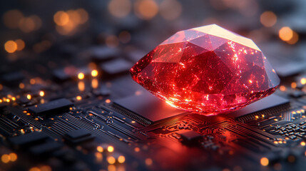 Ruby stone on a microchip representing the fusion of technology and elegance in web development with a minimalistic bright tone modern blurred background and empty caption space on the side

