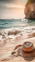 Poster - Straw Hat Rests Peacefully on Sandy Shore as Gentle Waves Roll In at Sunset.