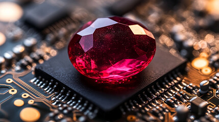 Ruby stone on a microchip representing the fusion of technology and elegance in web development with a minimalistic bright tone modern blurred background and empty caption space on the side

