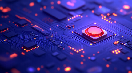 Ruby stone on a microchip representing the fusion of technology and elegance in web development with a minimalistic bright tone modern blurred background and empty caption space on the side

