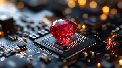 Ruby stone on a microchip representing the fusion of technology and elegance in web development with a minimalistic bright tone modern blurred background and empty caption space on the side

