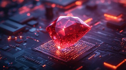 Ruby stone on a microchip representing the fusion of technology and elegance in web development with a minimalistic bright tone modern blurred background and empty caption space on the side

